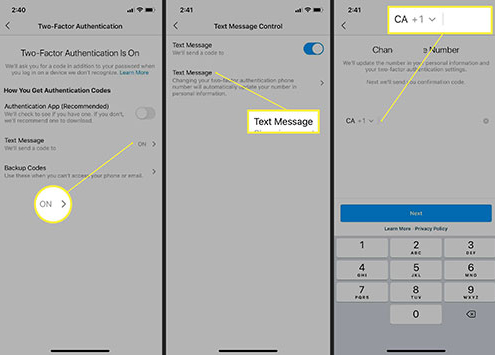 فعال سازی رمز دو مرحله ای اینستاگرام با استفاده از پیام متنی