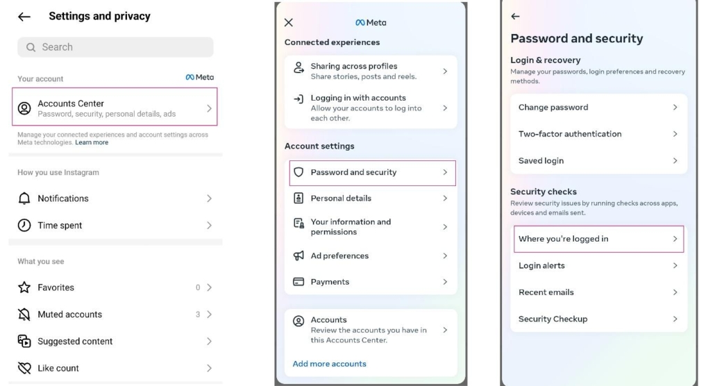 بررسی ورودی‌های اخیر در login activity اینستاگرام