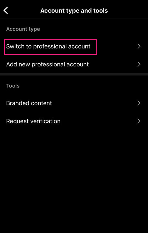 روی گزینه switch to professional account کلیک کنید